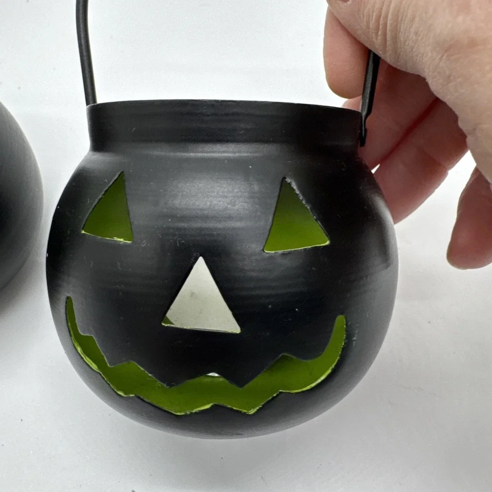 Metal Halloween Jack-O-Lantern Pumpkin Cauldron Handled Candle Votive Holders